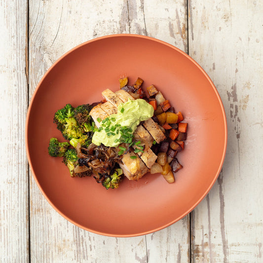 Ajo Verde Chicken with Roasted Rainbow Carrots and Broccoli with Onions - Pete's Real Food