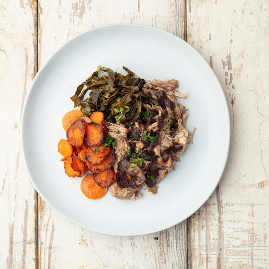 Carolina Pulled Pork with Roasted Carrots and Collard Greens - Pete's Real Food
