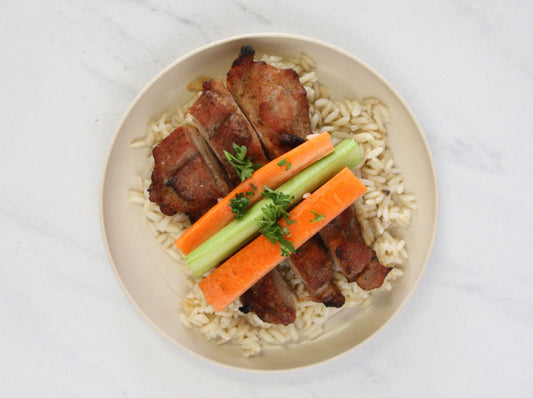 KIDS LUNCH: Grilled Chicken Strips over Brown Rice with Celery + Carrots