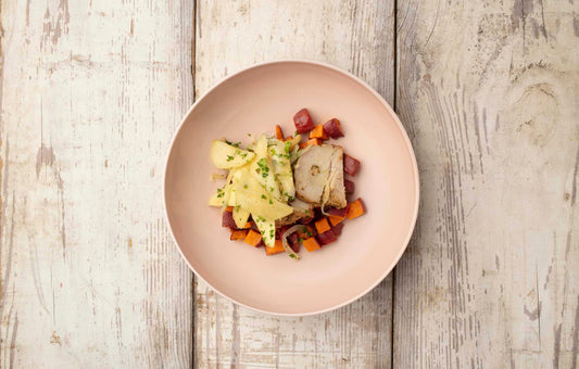 Garlic and Herb Turkey Roulade with Apples, Onions and Roasted Yams