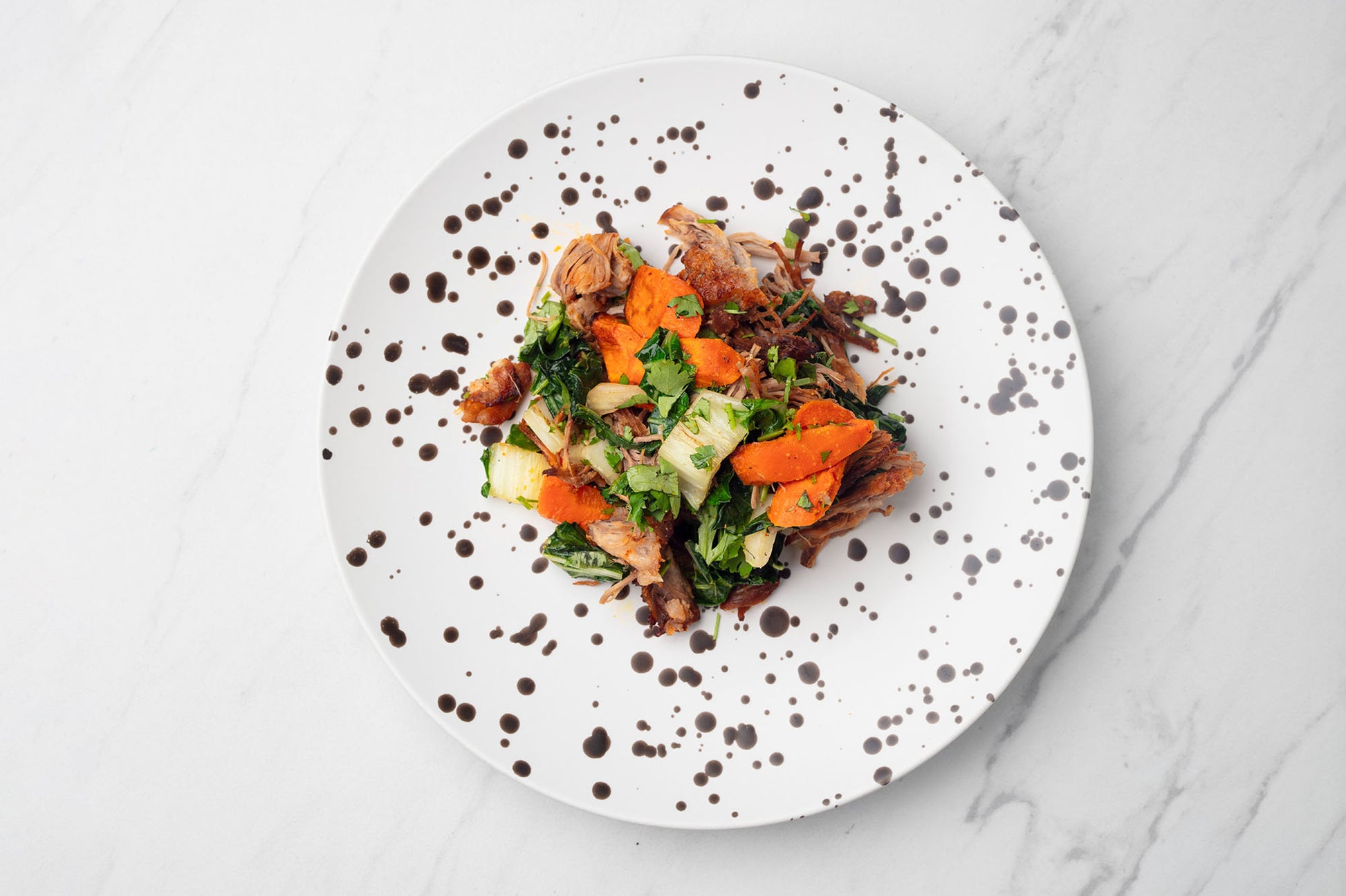 Smoked Pulled Pork with Bok Choy and Roasted Carrots